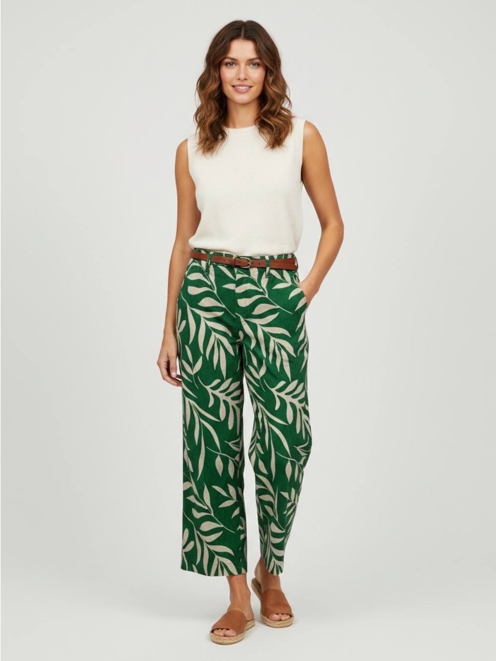 Haver and Blair of London Green Leaf-Print Wide Leg Cropped Trousers